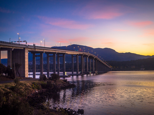 The Tasman Bridge links Hobart to its suburbs on the Eastern shore of the River Derwent