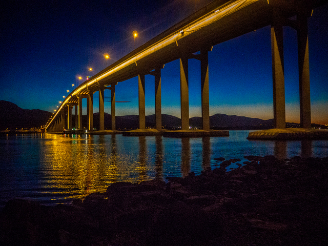 The view north up the River Derwent at Sunset, from under the Tasman Bridge