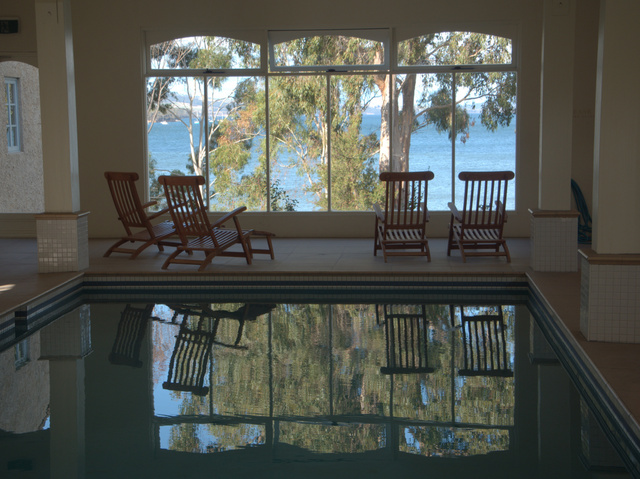 The indoor saltwater pool has views across the D'entrecasteaux Channel to Bruny Island