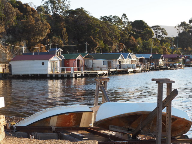 Cornelian Bay's boatsheds in the afternoon sunlight
