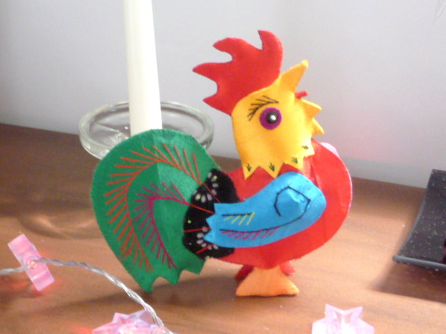 A very festive rooster, acquired on a trip to China