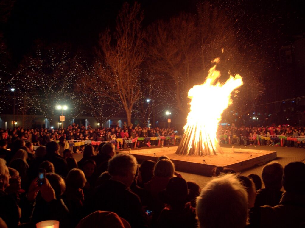 Big bonfire in Salamanca Place during the Festival of Voices