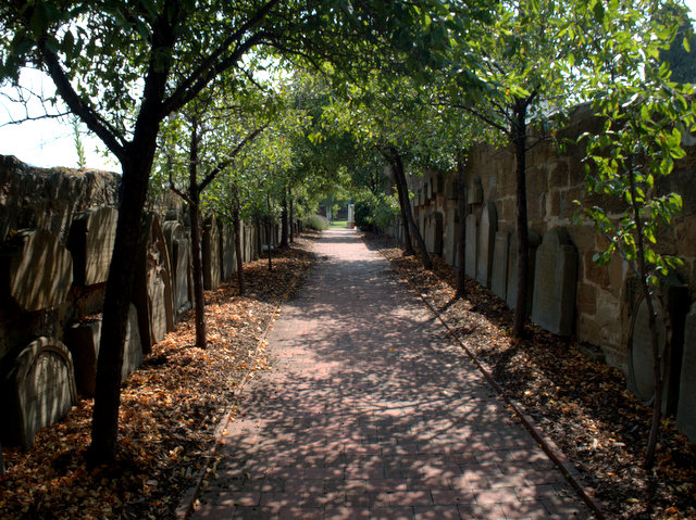 Footpath lined with old headstones at Saint Andrew's Park, Hobart