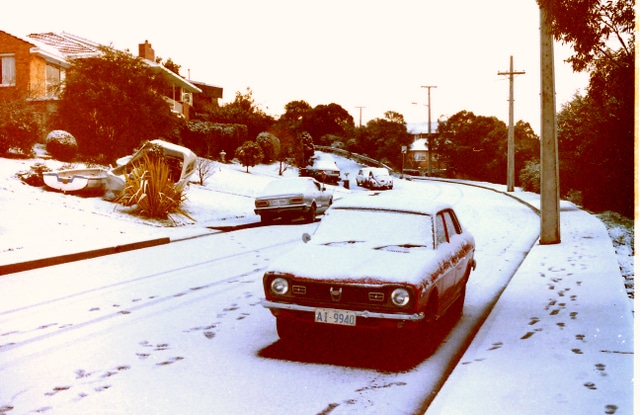 Subaru at Kellatie Road in the snow 1986