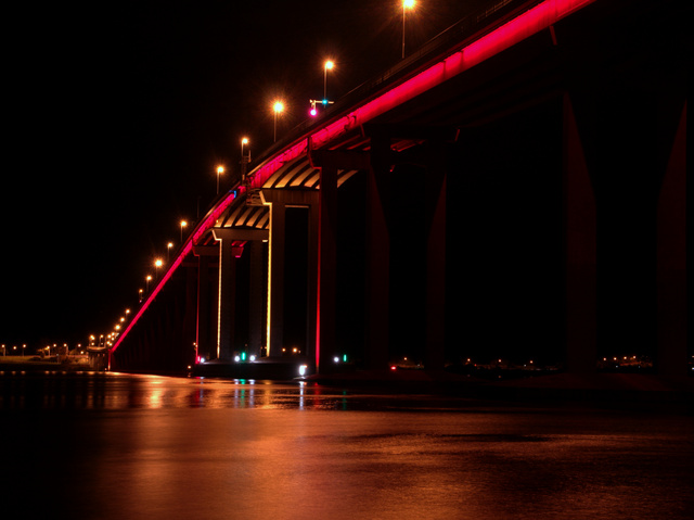 The Tasman Bridge, lit up for Dark Mofo