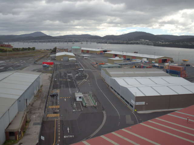 Container terminal and Tasman Bridge from the Tasports Tower on Hobart's waterfront