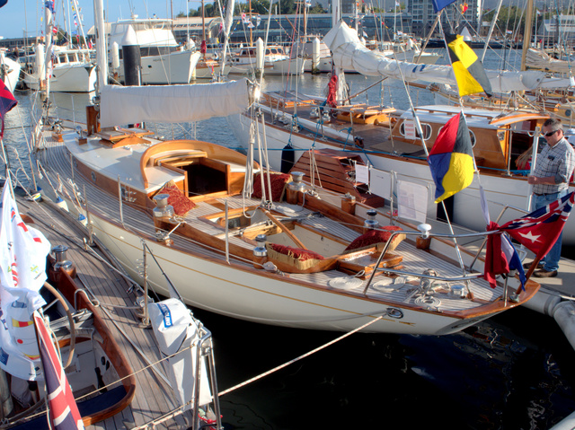 A sleek-lined wooden yacht