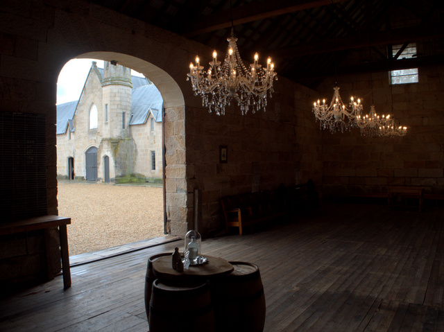 The stables viewed from inside the great barn at Shene Estate