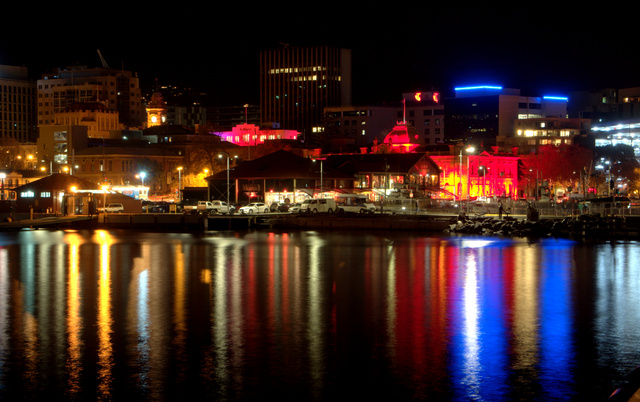 Hobart by night across Victoria Dock