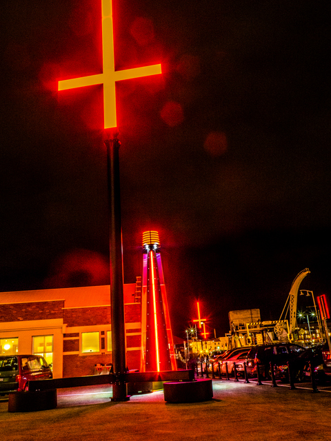 The three red crosses stretching across the waterfront