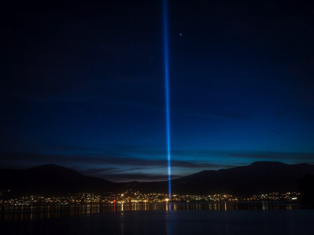 Ryoj Ikeda’s massive installation Spectra, a feature of the very first Dark Mofo, made a welcome return to Hobart to be permanently situated at the Museum of Old and New Art in Berridale. It was lit to mark the Winter solstice and this photograph is taken from across the River Derwent at Old Beach.