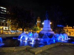 The statue of Sir John Franklin and its surrounding fountain have had a modern makeover, complete with colour-changing LED lighting. Franklin Square, Hobart.