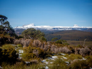 The peaks of Cradle Mountain and Barn Bluff, photographed from the area known as the Vale of Belvoir, in the hinterland of Tasmania’s north west coast.