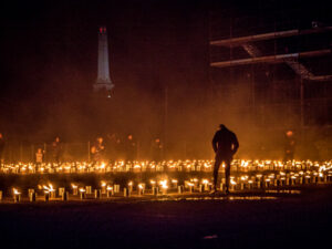 The Hobart Cenotaph looms over a fiery installation at 2018’s Dark Mofo.