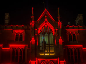 Atmospheric lighting highlights the gothic architectural stylings of Domain House in Hobart.