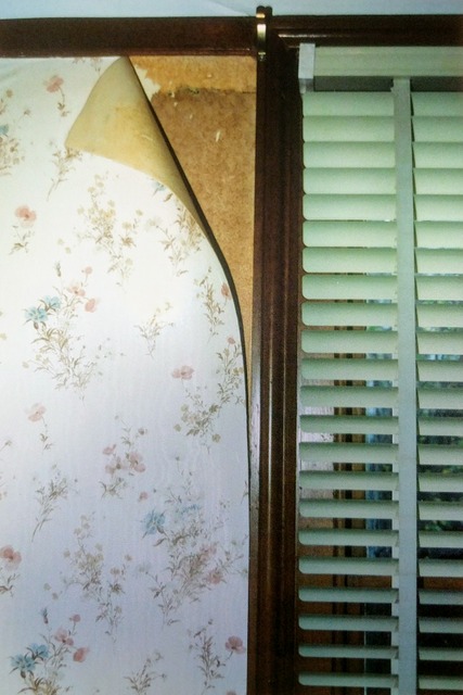 Peeling vinyl flock wallpaper and Venetian blind in the lounge room