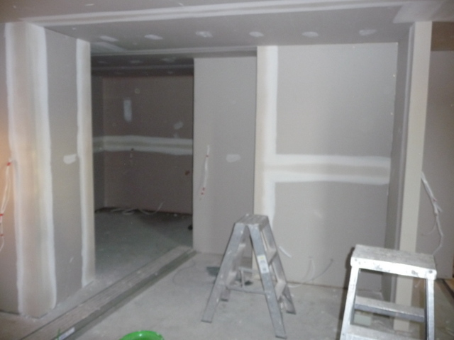 Dining room into kitchen with new plasterboard
