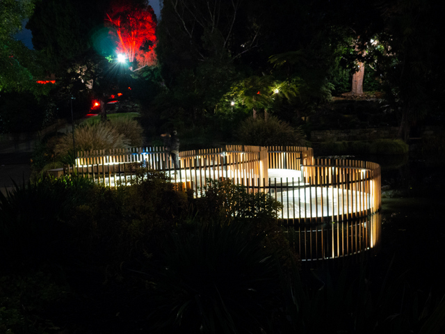 Observation decks at the lily pond, Royal Tasmanian Botanical Gardens during Dark Path