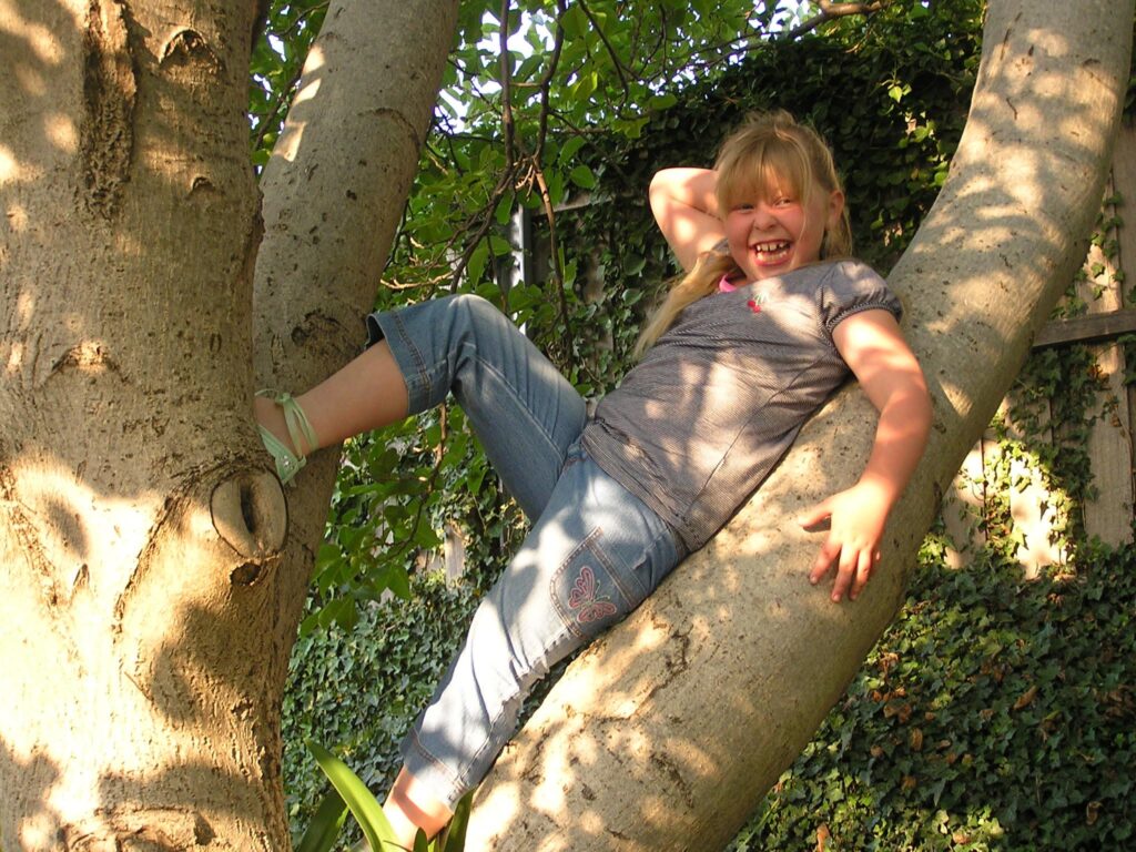Harriette striking a pose in the branches of the walnut tree