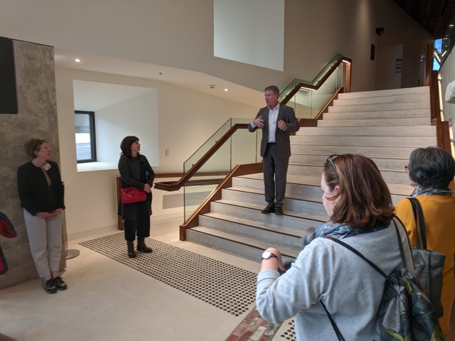 Theatre Royal general manager Tim Munro welcomes the group at the new entrance to the Theatre Royal. The old entrance is still there, but this one offers more space, access to new box office and bar facilities and lifts for those who need them.