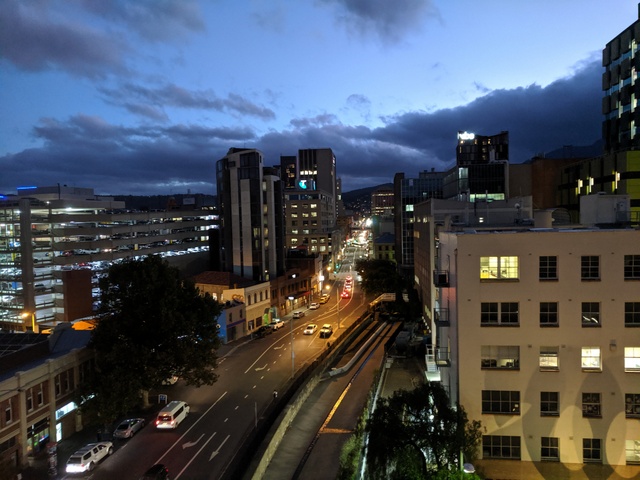 The view up Collins Street, Hobart from the outdoor terrace at The Hedberg