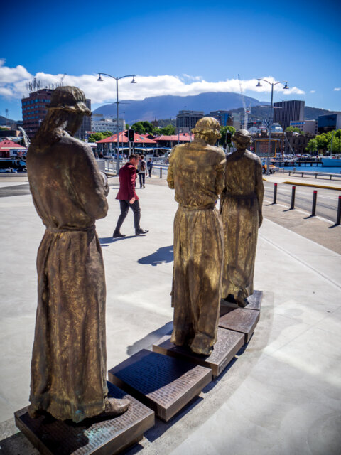 Sculpture by Rowan Gillespie, depicting recently-arrived convict women on Hobart's waterfront