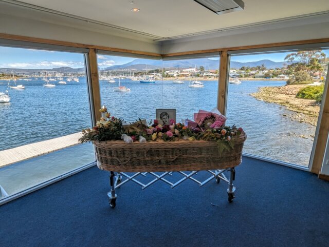 Mum's casket overlooking the River Derwent and kunanyi / Mount Wellington, the view she loved